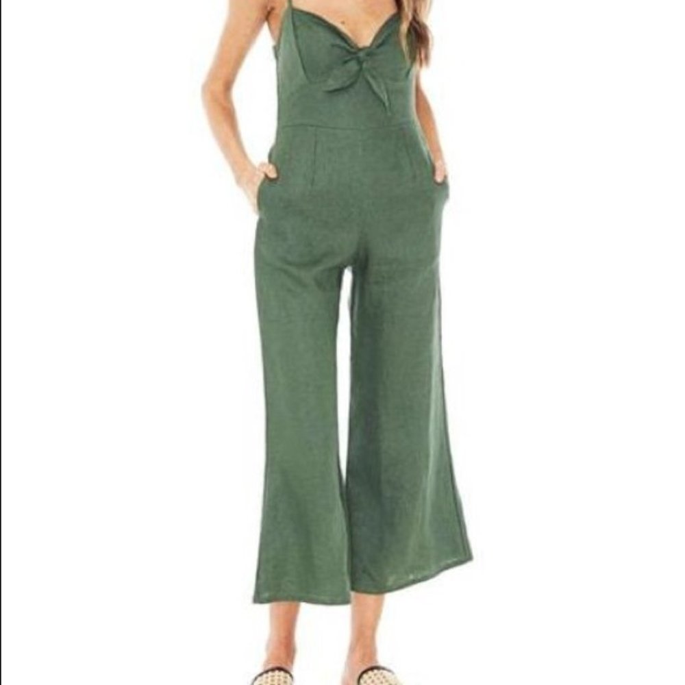 Faithfull the Brand Olive Green Tie-Front Wide-Leg Jumpsuit